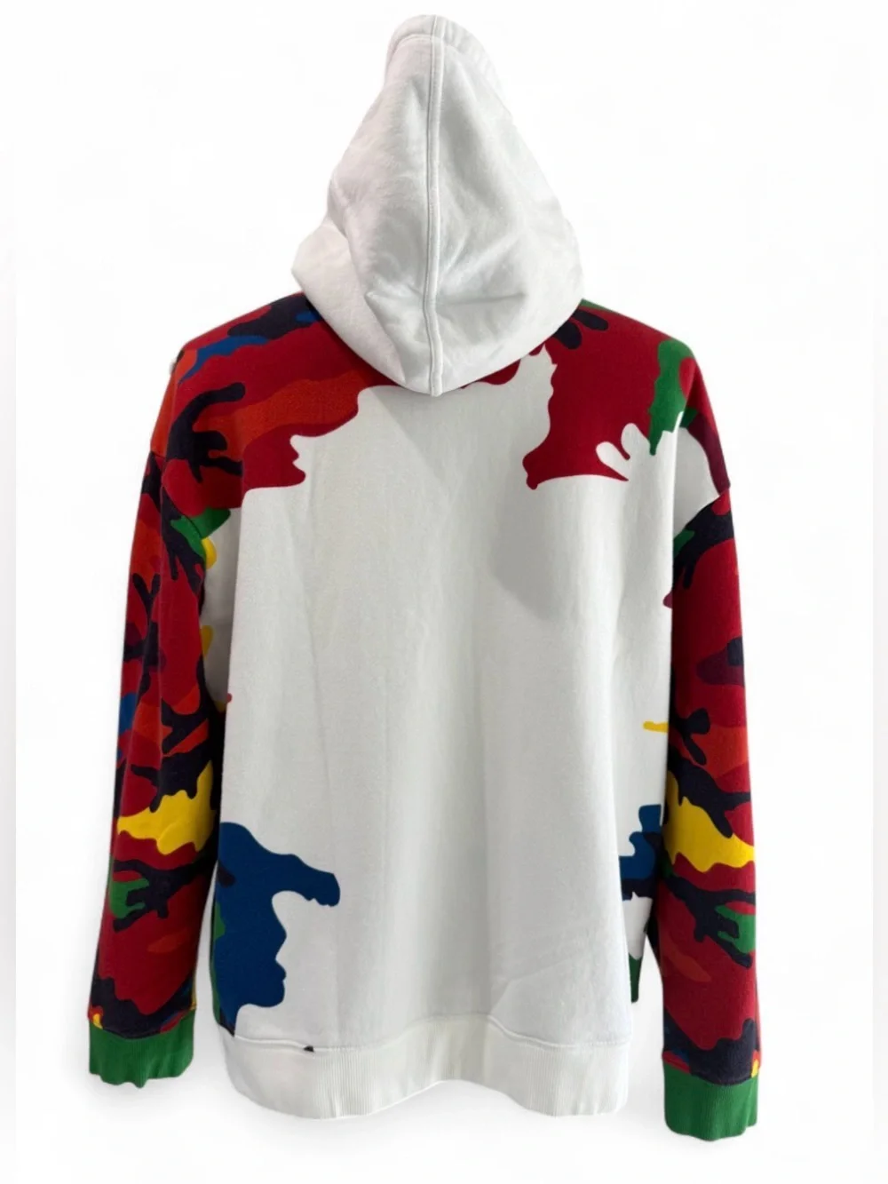 Valentino White Hooded Sweater with Red Logo and Multi-Color Camouflage